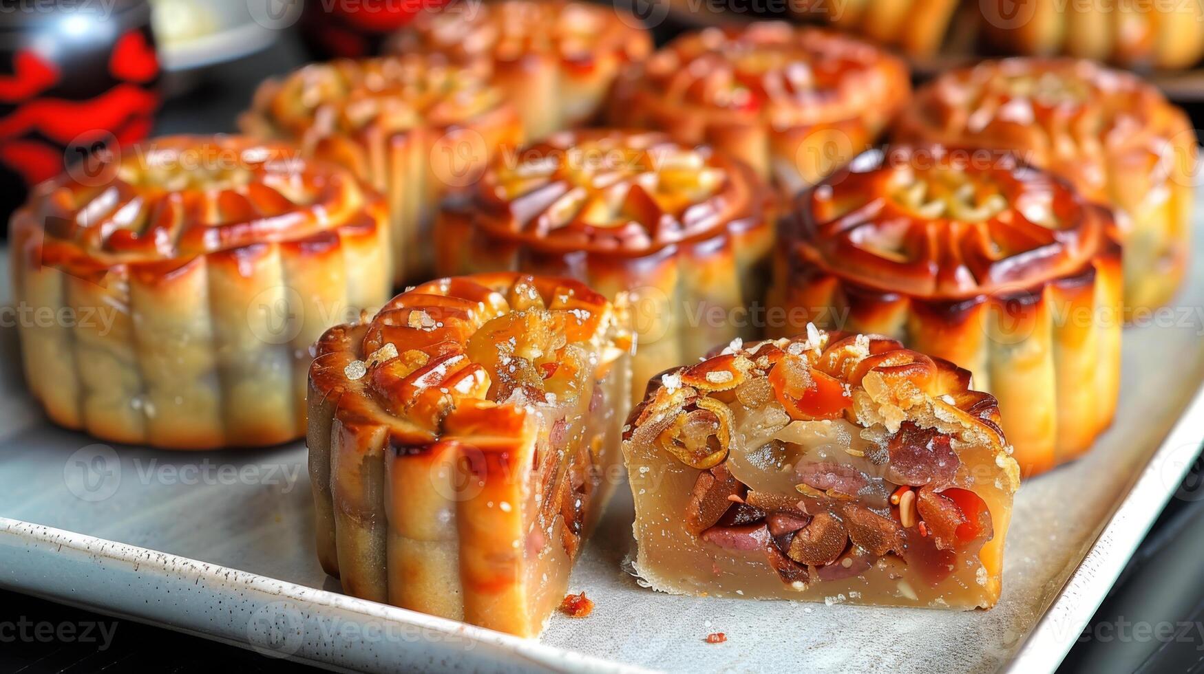 Vietnamese mooncakes are a traditional delicacy with rich fillings of nuts and fruits, enjoyed during the MidAutumn Festival for their authentic taste and beautiful craftsmanship photo