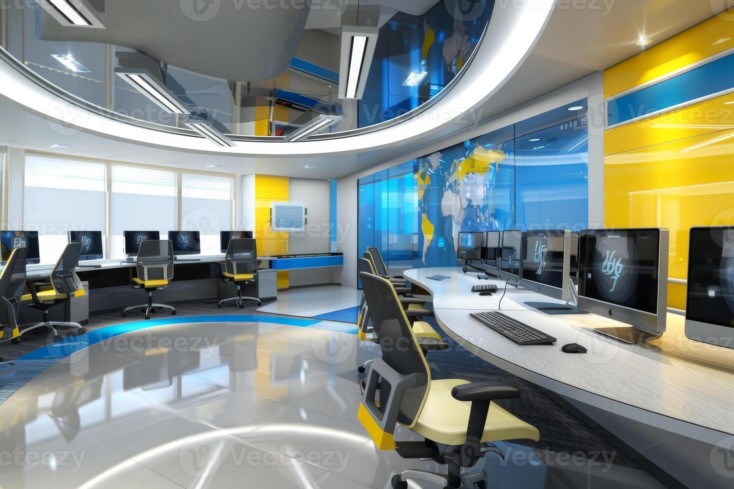 High-tech office setup with advanced computer workstations, vibrant decor, and a world map background. photo