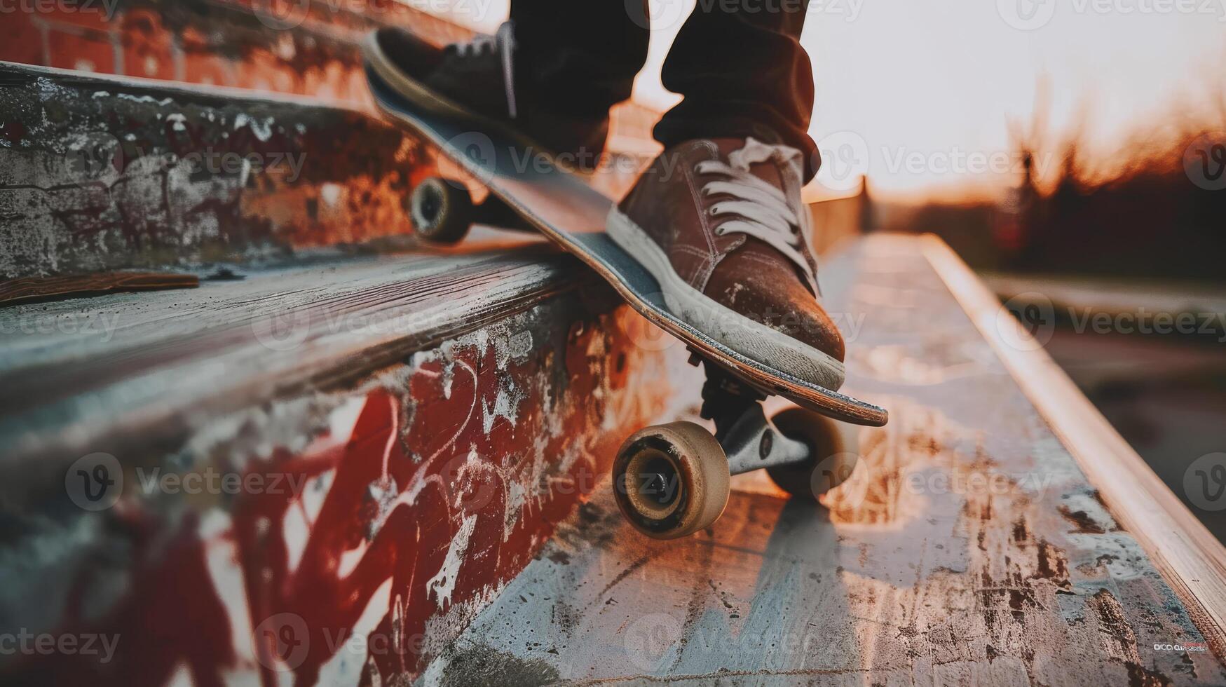 Close-up of skateboarder's shoes and board on worn steps at sunset, showcasing action and urban lifestyle. photo