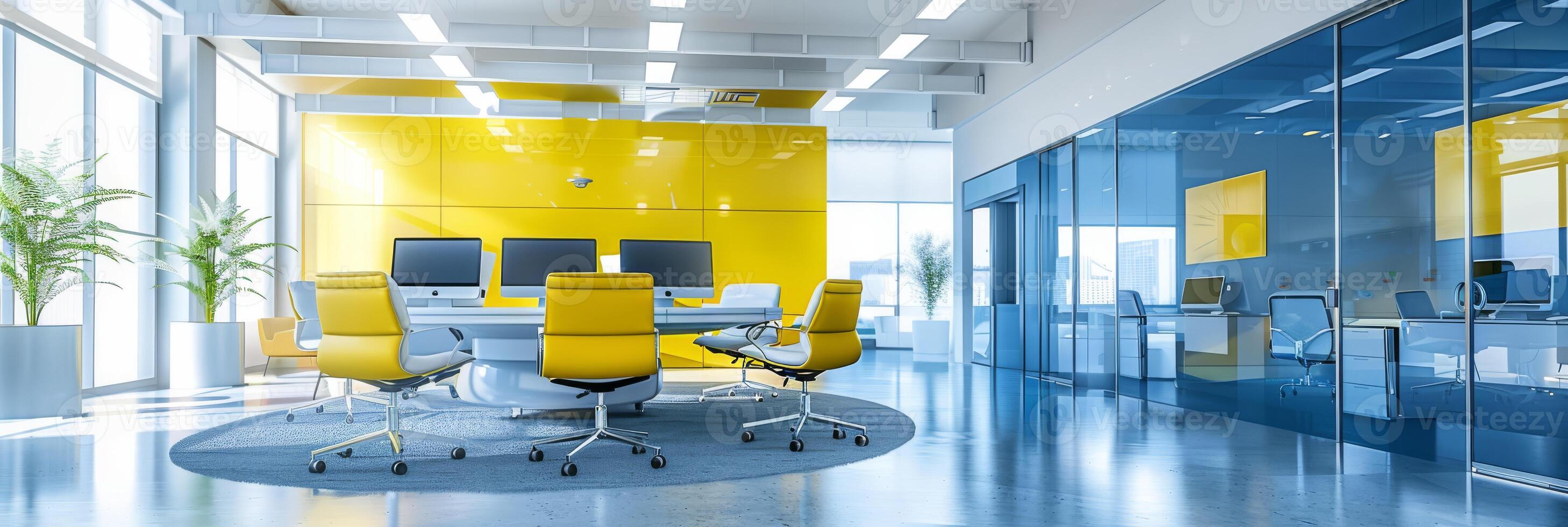 Bright and contemporary office space featuring yellow chairs, large windows, and glass partition walls. photo