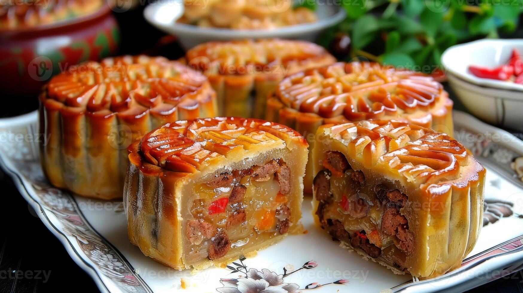 Indulge in the complex tastes of Vietnamese mooncakes, a cherished treat enjoyed during the MidAutumn Festival, filled with a variety of flavors encased in beautiful golden shells photo