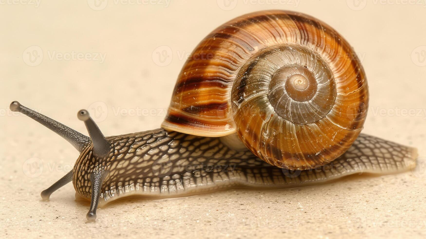A detailed macro shot captures a garden snail with shell and tentacles on sandy surface, showcasing its unique features photo