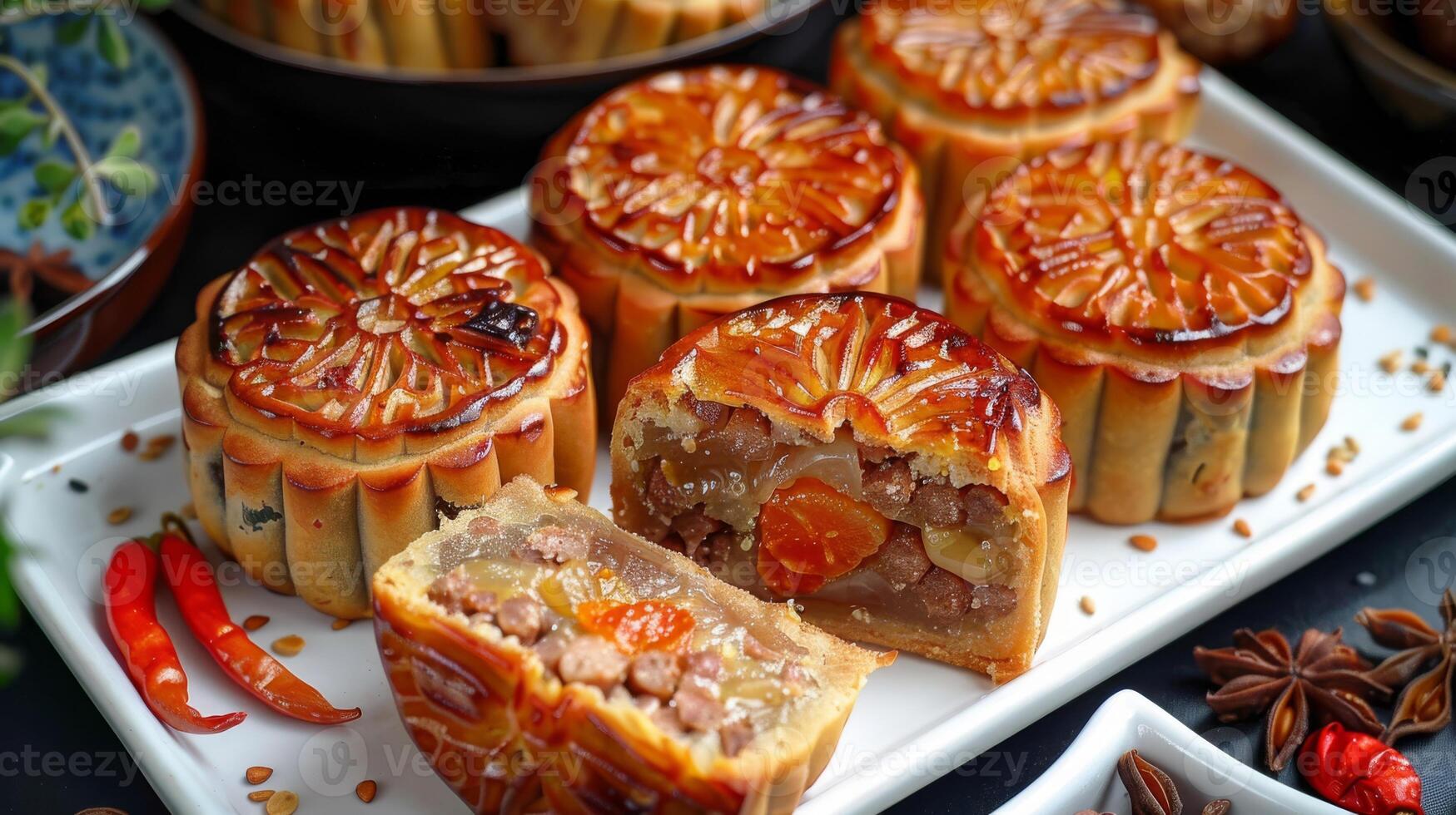 You can treat yourself to the delicious taste of traditional Vietnamese mooncakes, which are made with a mix of savory meats, nuts, and sweet eggs, all presented in beautiful and detailed designs photo