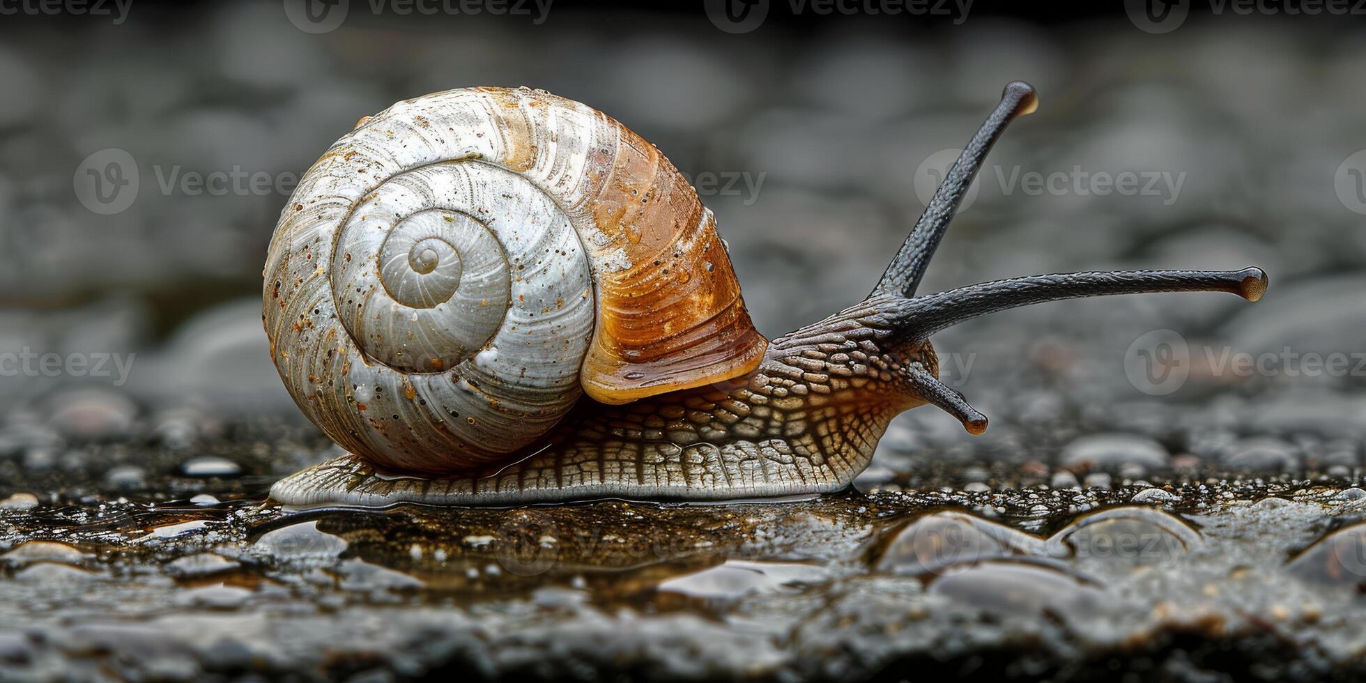A detailed image of a snail with a spiral shell moving on a wet, rocky surface, displaying its unique texture photo