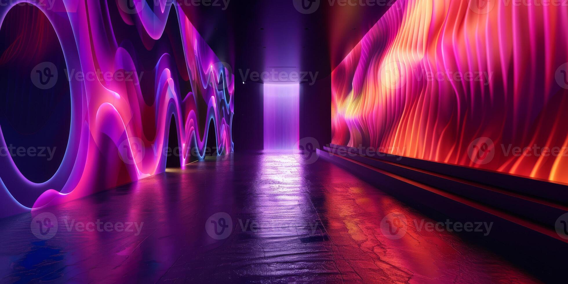 The futurisminspired hallway glows with radiant neon lights, abstract swirls and waves in vivid colors photo