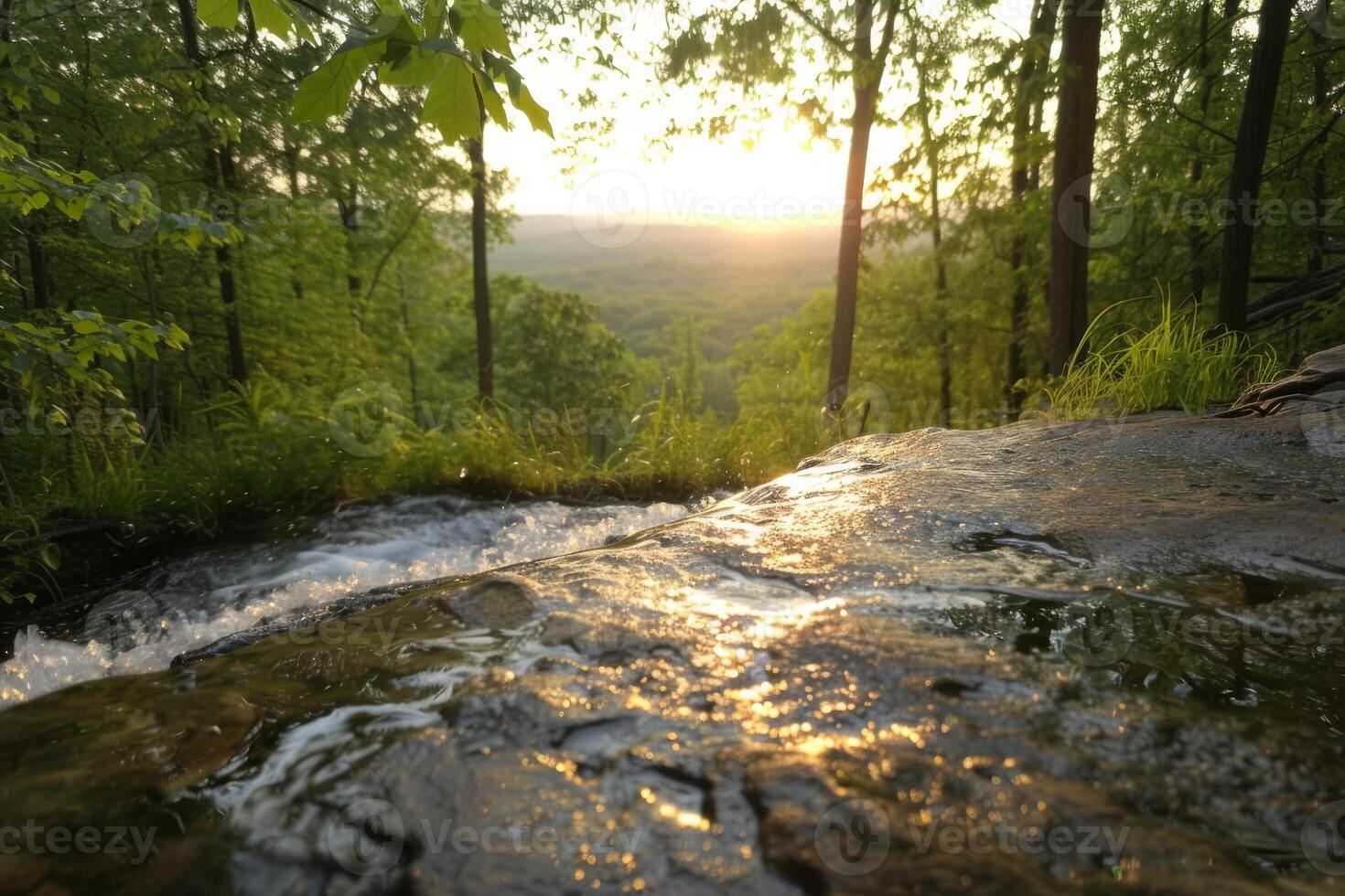 A picturesque waterfall flows peacefully over a rock in a lush forest setting bathed in the light of the sunrise photo