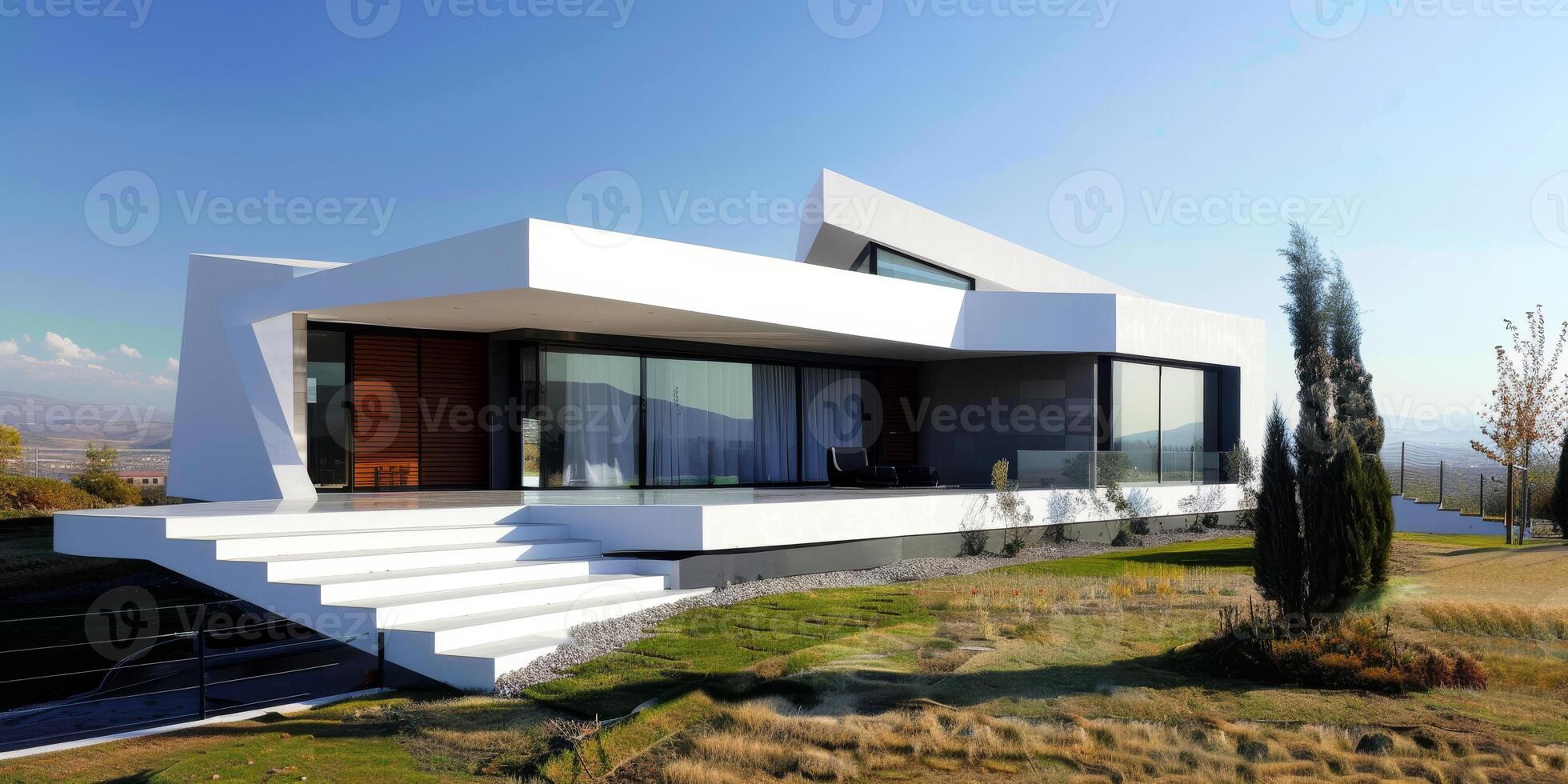 Sleek, modern house with minimalist design, open spaces, large windows, showcasing chic architecture photo