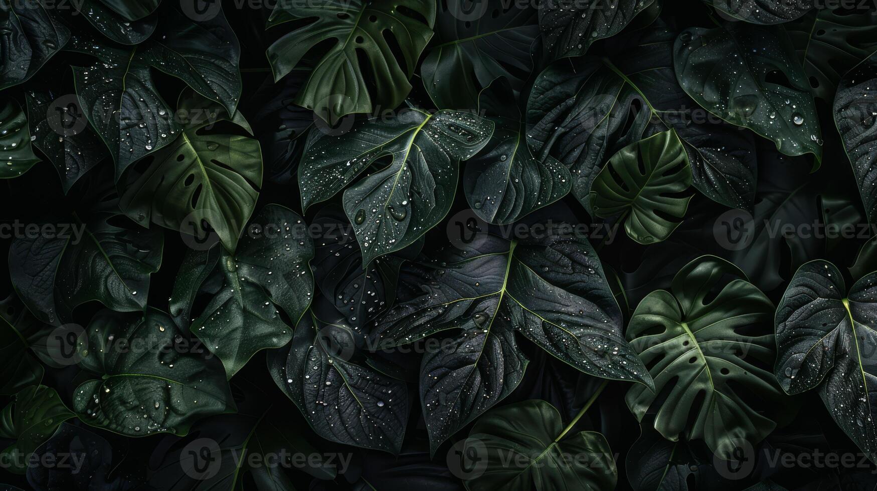 Closeup of dewcovered dark Monstera leaves in the jungle, showcasing its exotic and moody essence photo