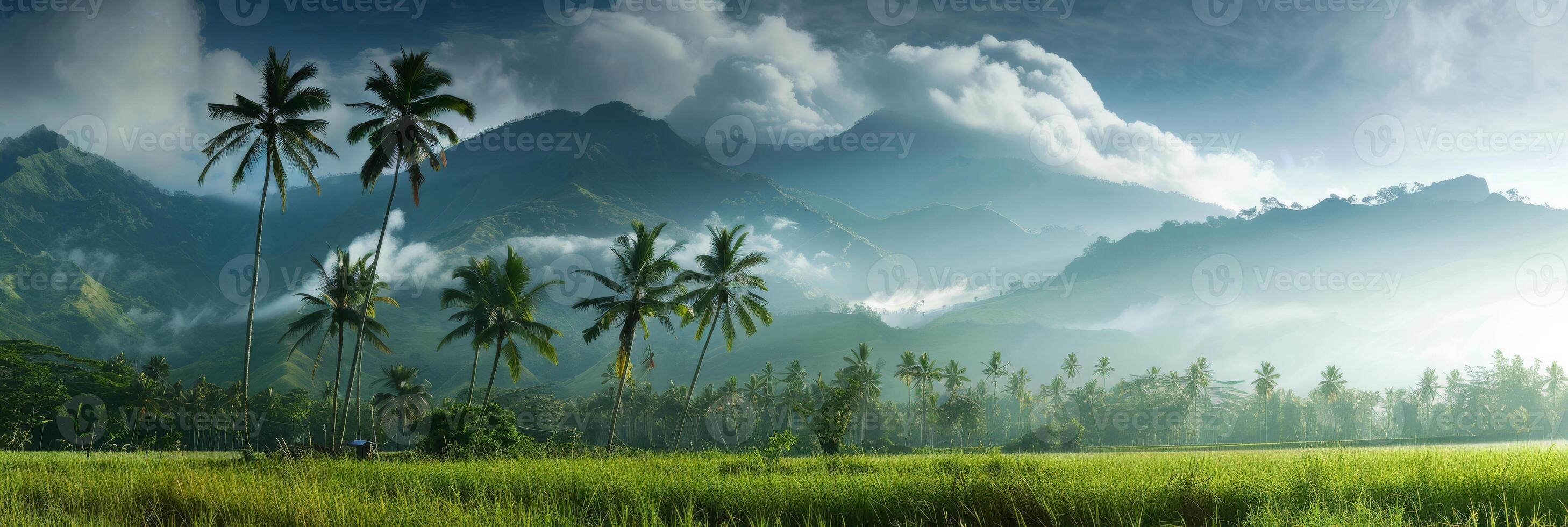 The view of lush green fields, palm trees, and misty mountains beneath a dramatic sky is absolutely breathtaking photo