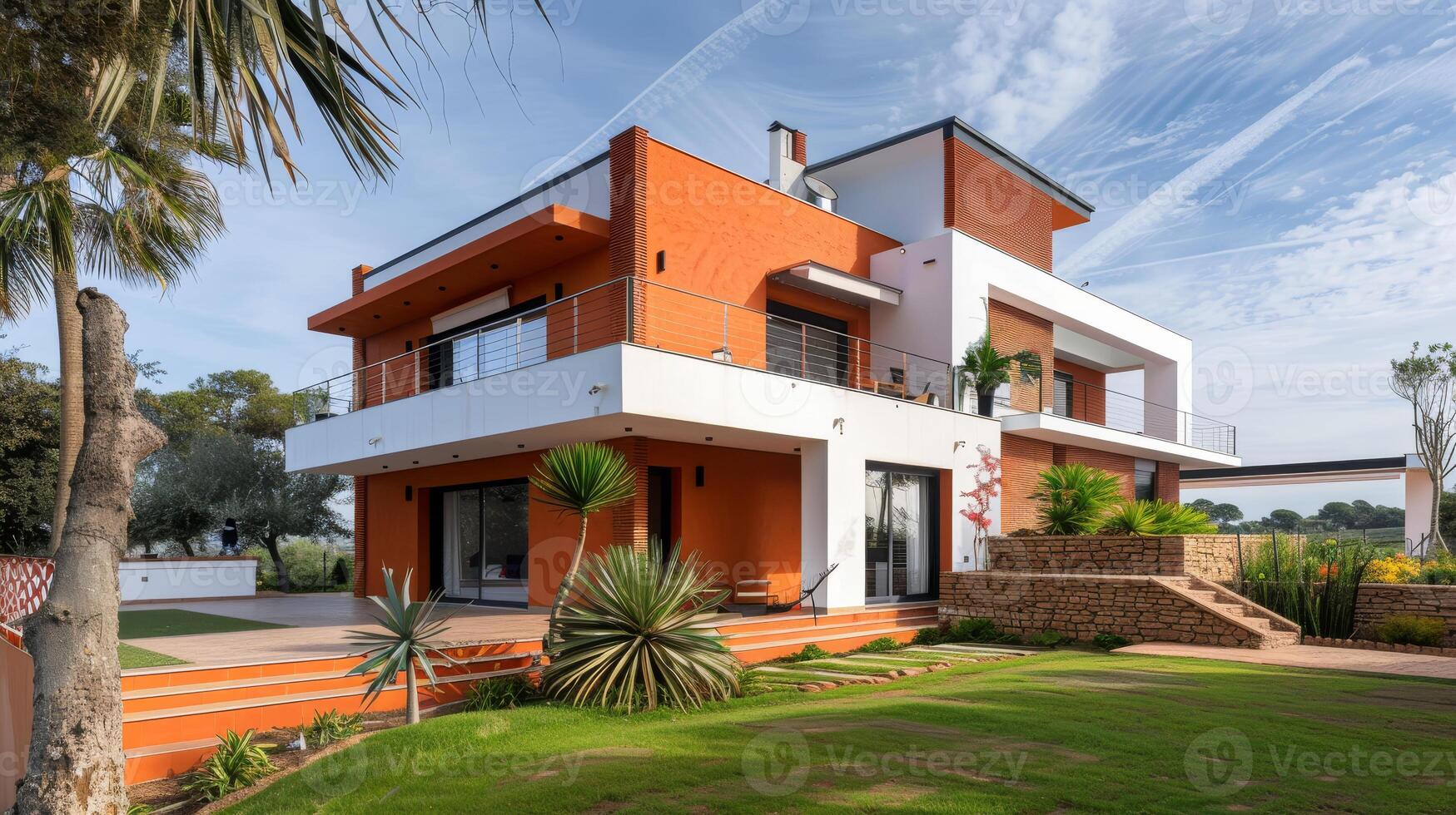 Beautiful, contemporary home showcasing elegant design, palm trees, and a spacious lawn under a clear sky photo