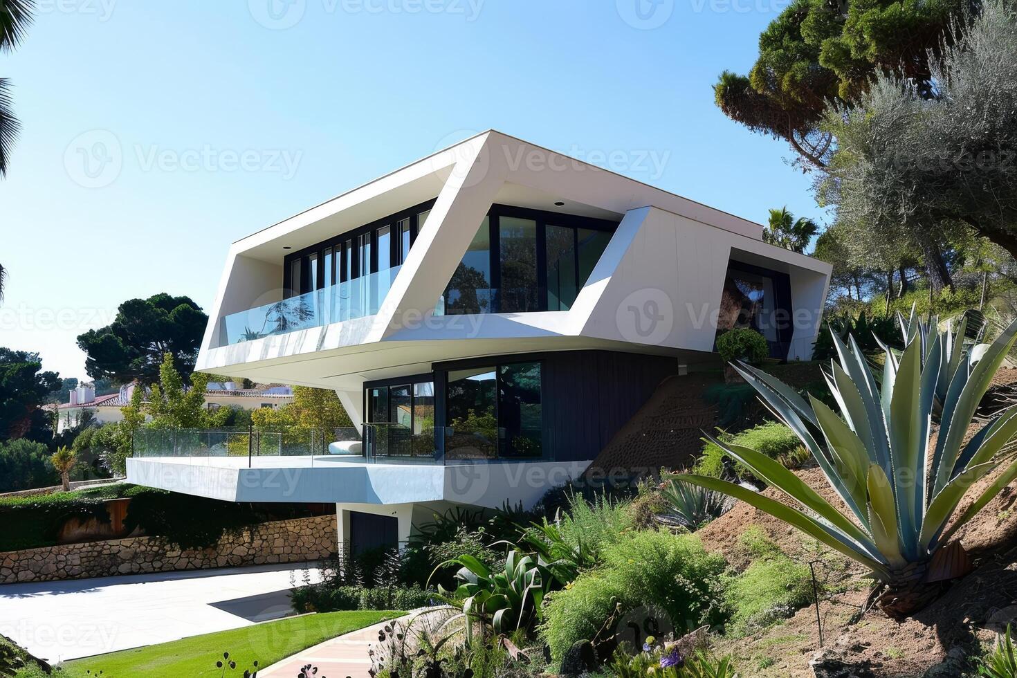 A stunning modern cantilever house with expansive windows, set amidst lush greenery, showcasing contemporary design. photo