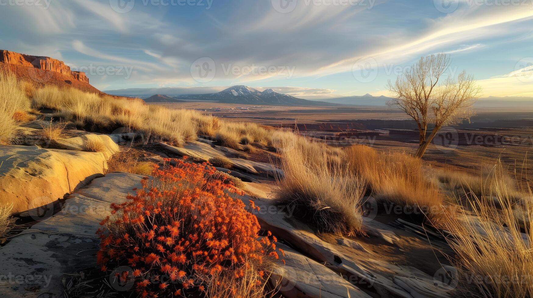 A stunning sunset over a desert with flowers, rocks, mountains, under a colorful sky, radiates tranquility and beauty photo