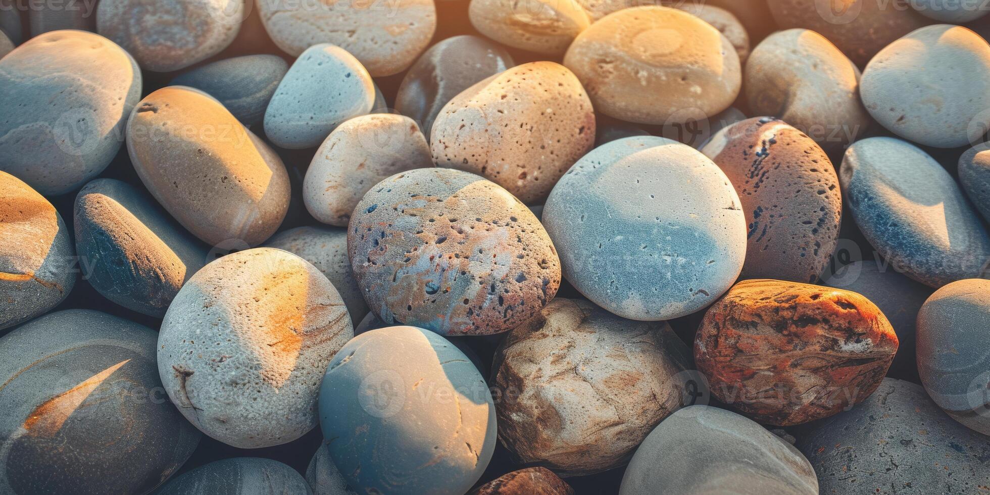 Beautiful collection of smooth colorful pebbles bathed in soft sunlight, highlighting natural textures. photo