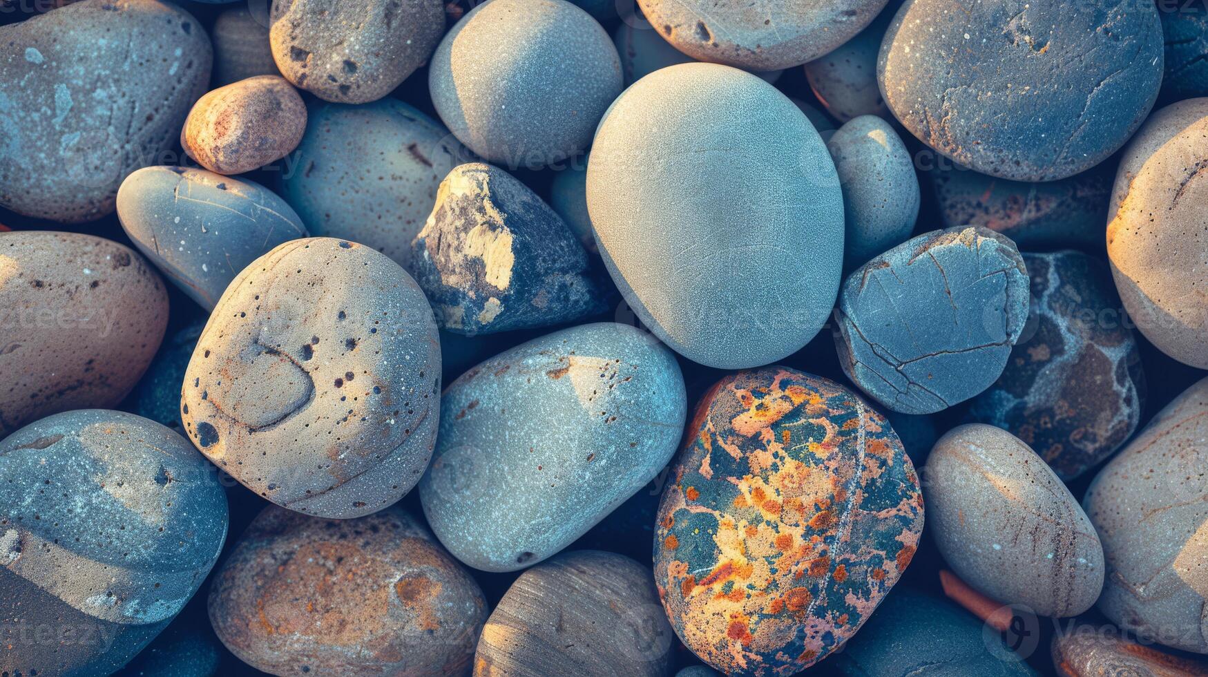 A collection of smooth pebbles with various natural patterns and colors, lit softly to enhance texture. photo