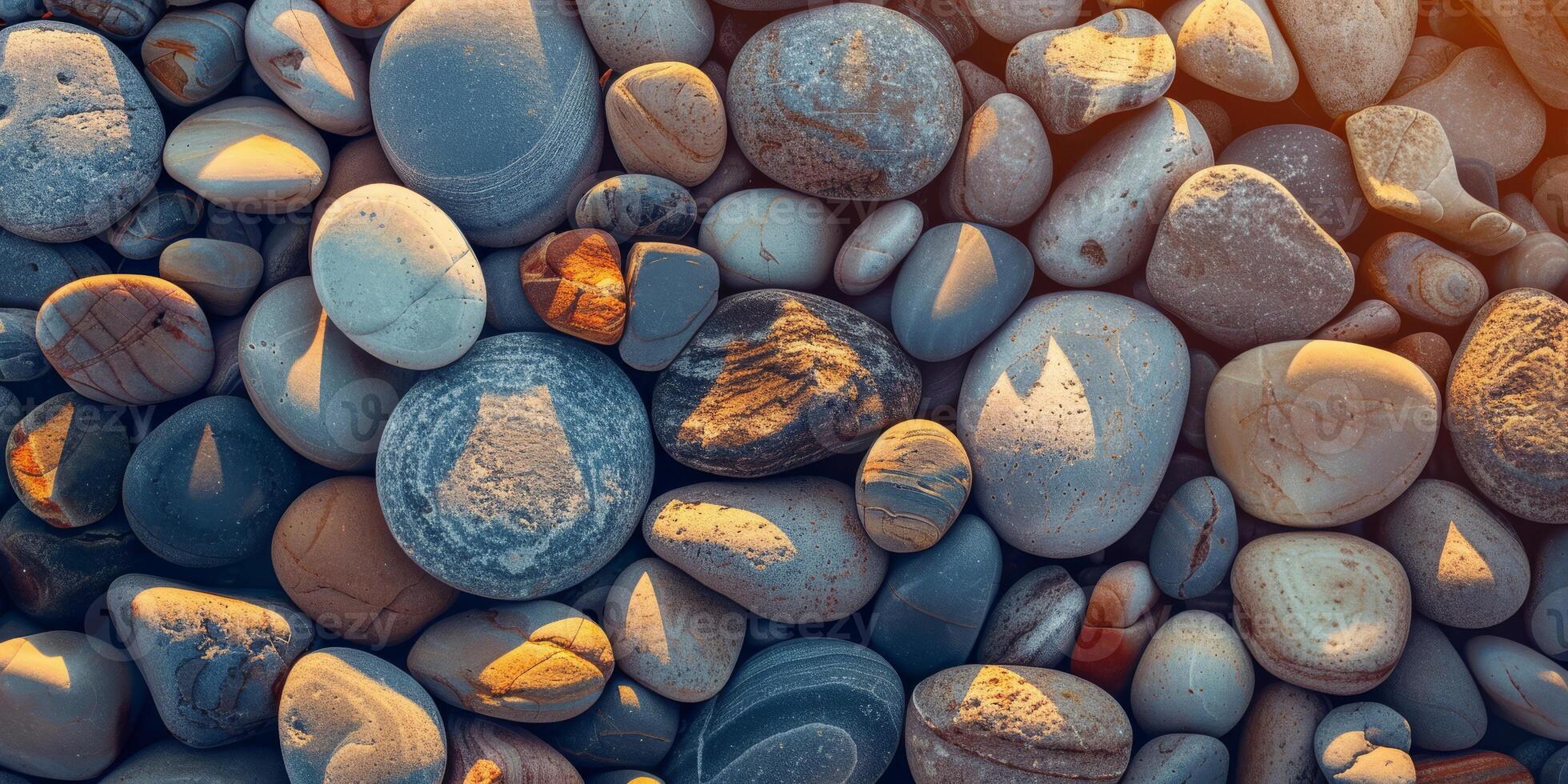 The beach is decorated with multicolored pebbles, basking in the warm sunset light, creating a soothing atmosphere photo