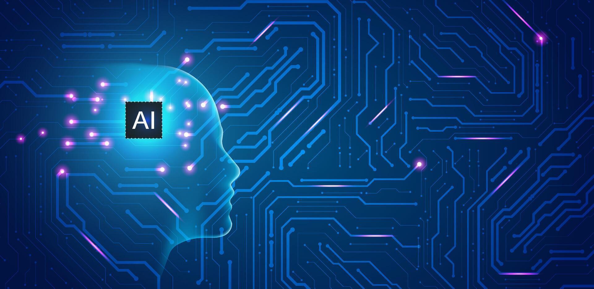 Artificial intelligence blue background technology. Logo machine learning concept with circuit board AI. editable vector