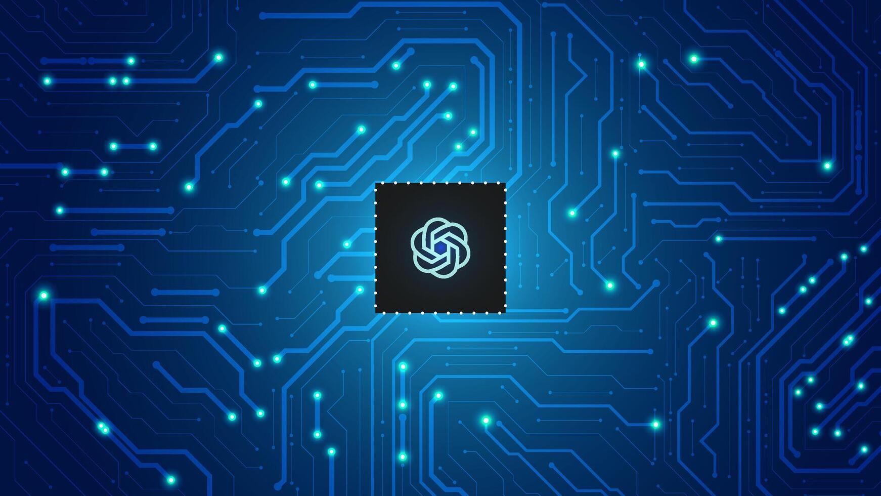 Chat gpt or open ai. Microchip transferring data using circuit board artificial intelligence background blue editable vector
