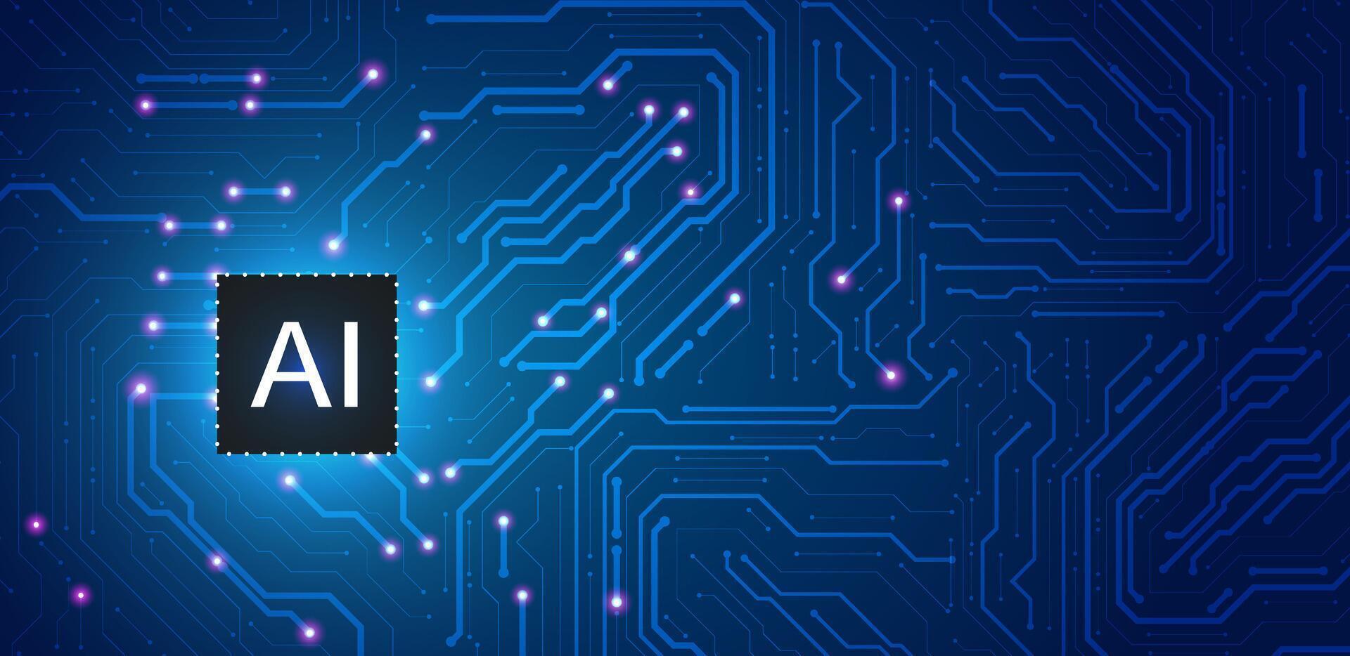 Artificial intelligence blue background technology. Logo machine learning concept with circuit board AI. editable vector