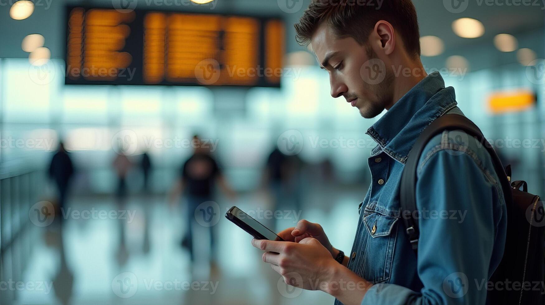 Person Standing in an Airport Terminal, Looking at Their Smartphone With a Flight Information Display Board in the Background photo