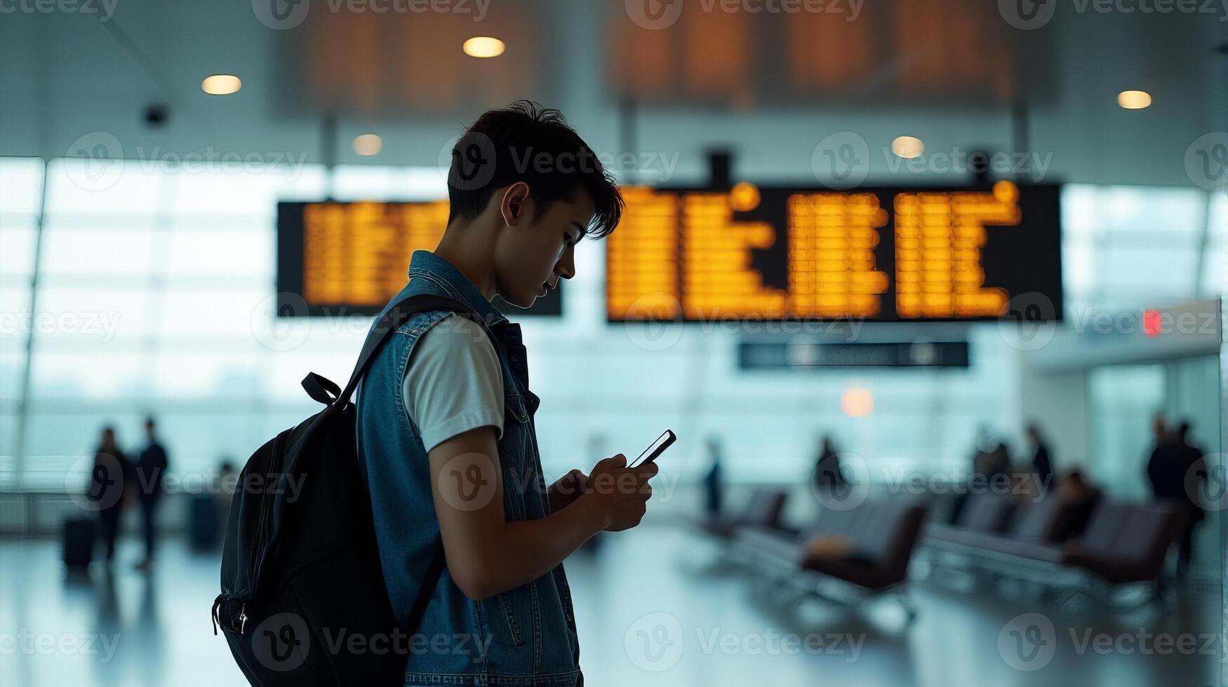 Person Standing in an Airport Terminal, Looking at Their Smartphone With a Flight Information Display Board in the Background photo