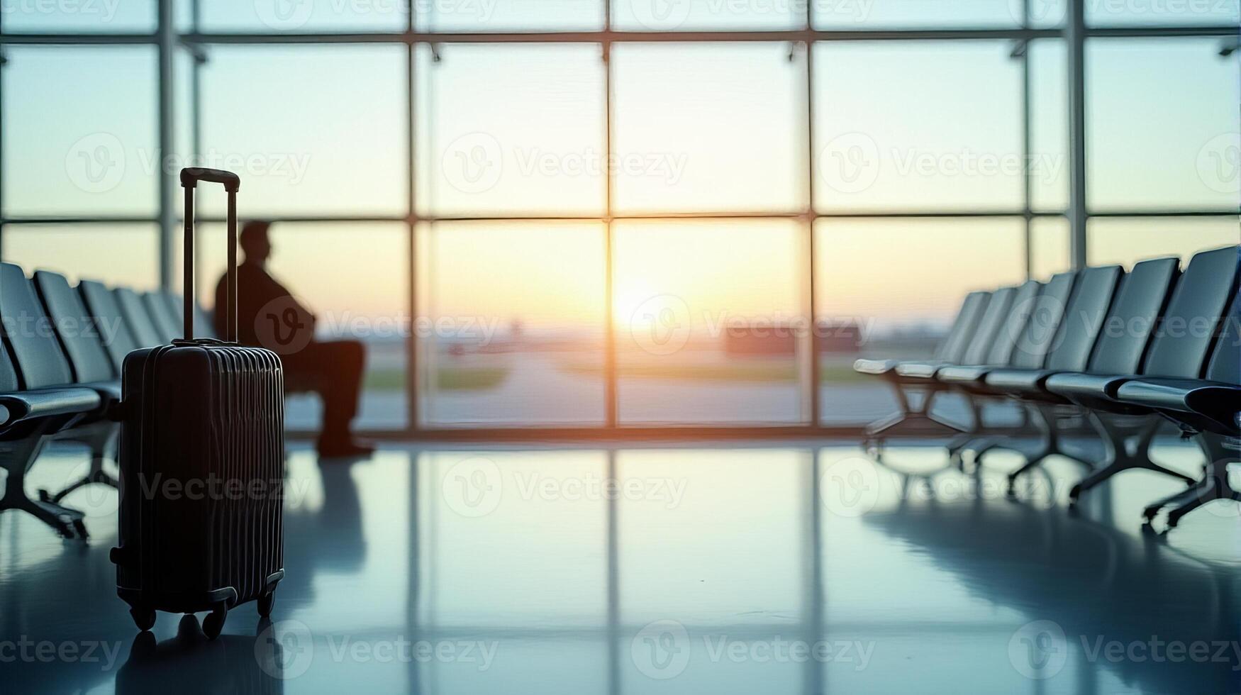 Modern Airport Waiting Area With Large Glass Windows Offering a View of the Runway. In the Foreground, There is an Unattended Black Suitcase on Wheels With an Extended Handle photo