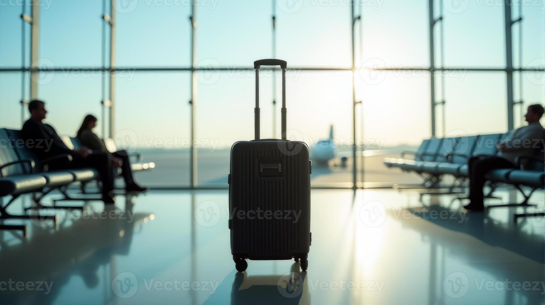 Modern Airport Waiting Area With Large Glass Windows Offering a View of the Runway. In the Foreground, There is an Unattended Black Suitcase on Wheels With an Extended Handle photo