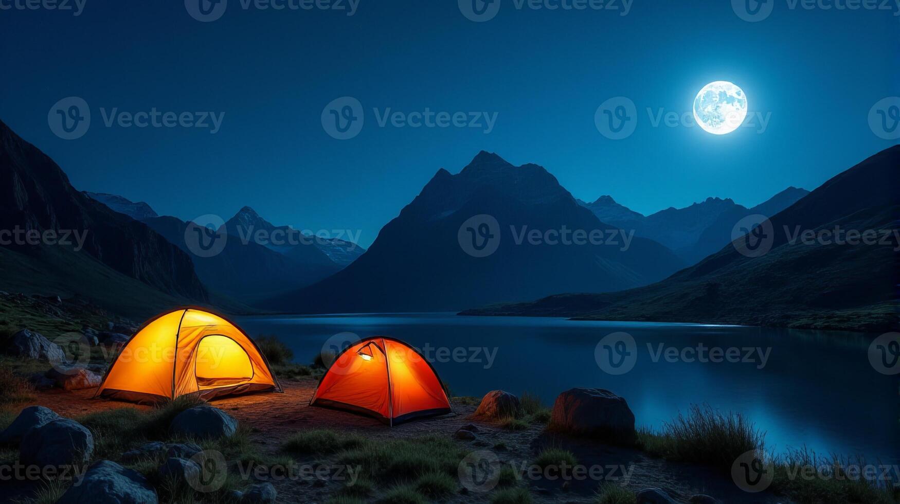 Serene Night-time Camping Scene in the Mountains. Clear Starry Sky With a Bright Full Moon Illuminating Landscape. photo