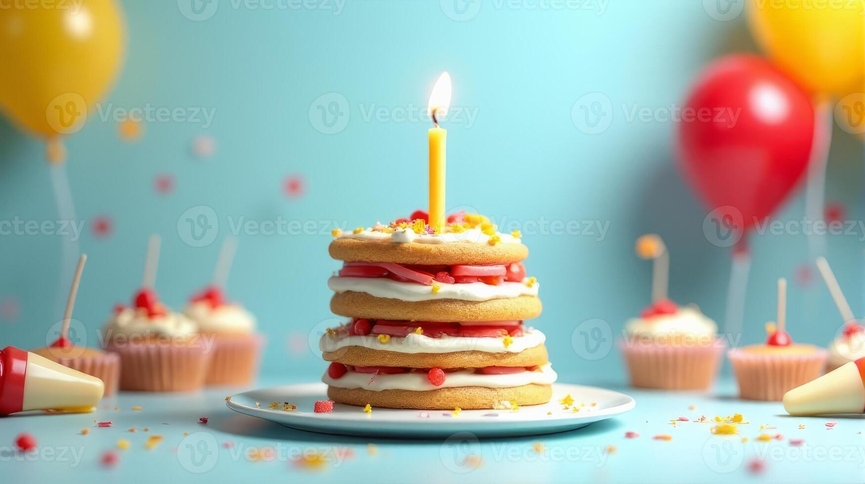 Layered Cake with Varying Shapes and Colors With a Single Lit Candle on Top of the Cake, Soft Blue Background. Festive Vibe with Red and Yellow Balloons and a Scattered Confetti photo
