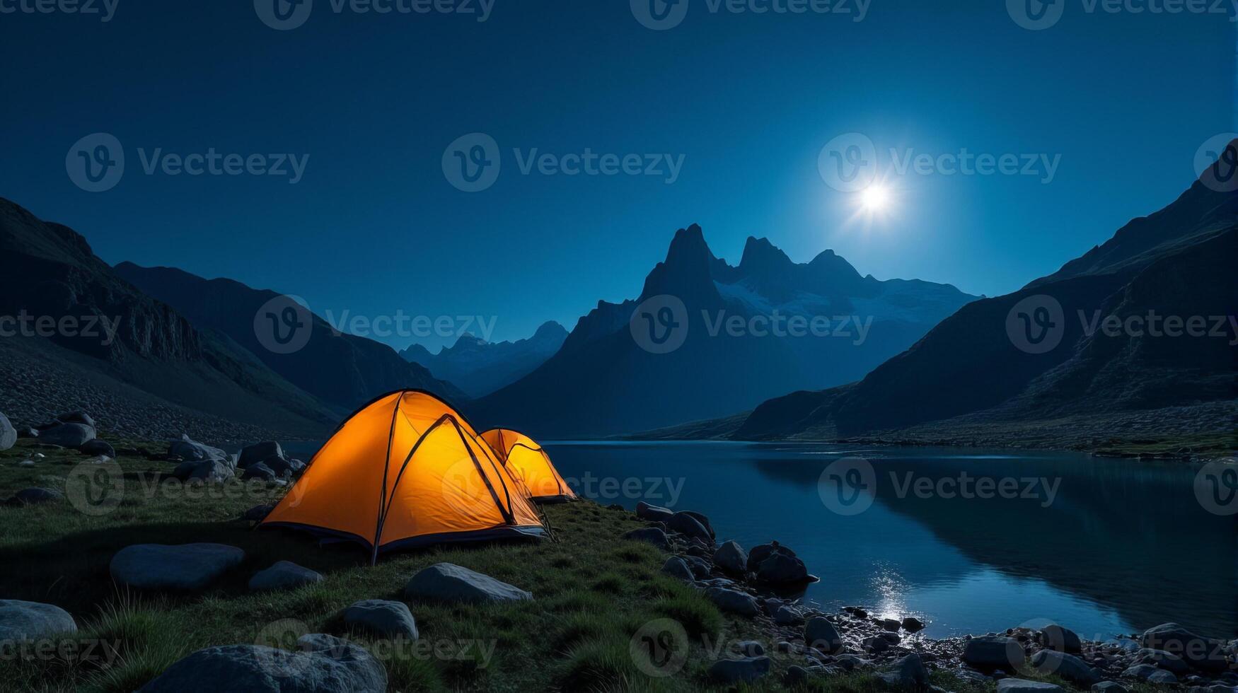 Serene Night-time Camping Scene in the Mountains. Clear Starry Sky With a Bright Full Moon Illuminating Landscape. photo