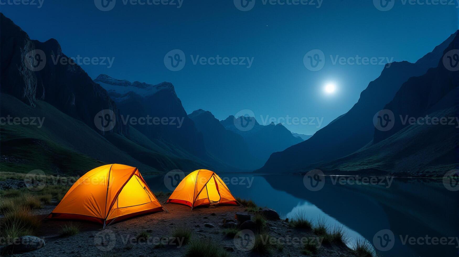Serene Night-time Camping Scene in the Mountains. Clear Starry Sky With a Bright Full Moon Illuminating Landscape. photo