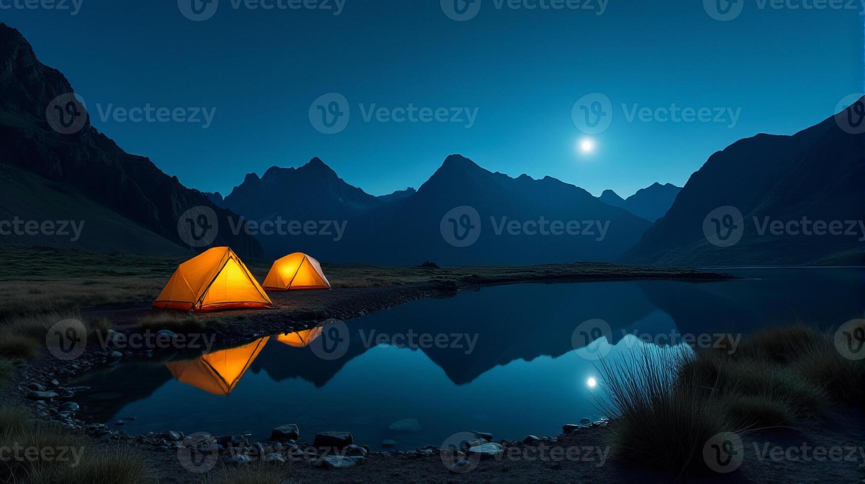 Serene Night-time Camping Scene in the Mountains. Clear Starry Sky With a Bright Full Moon Illuminating Landscape. photo