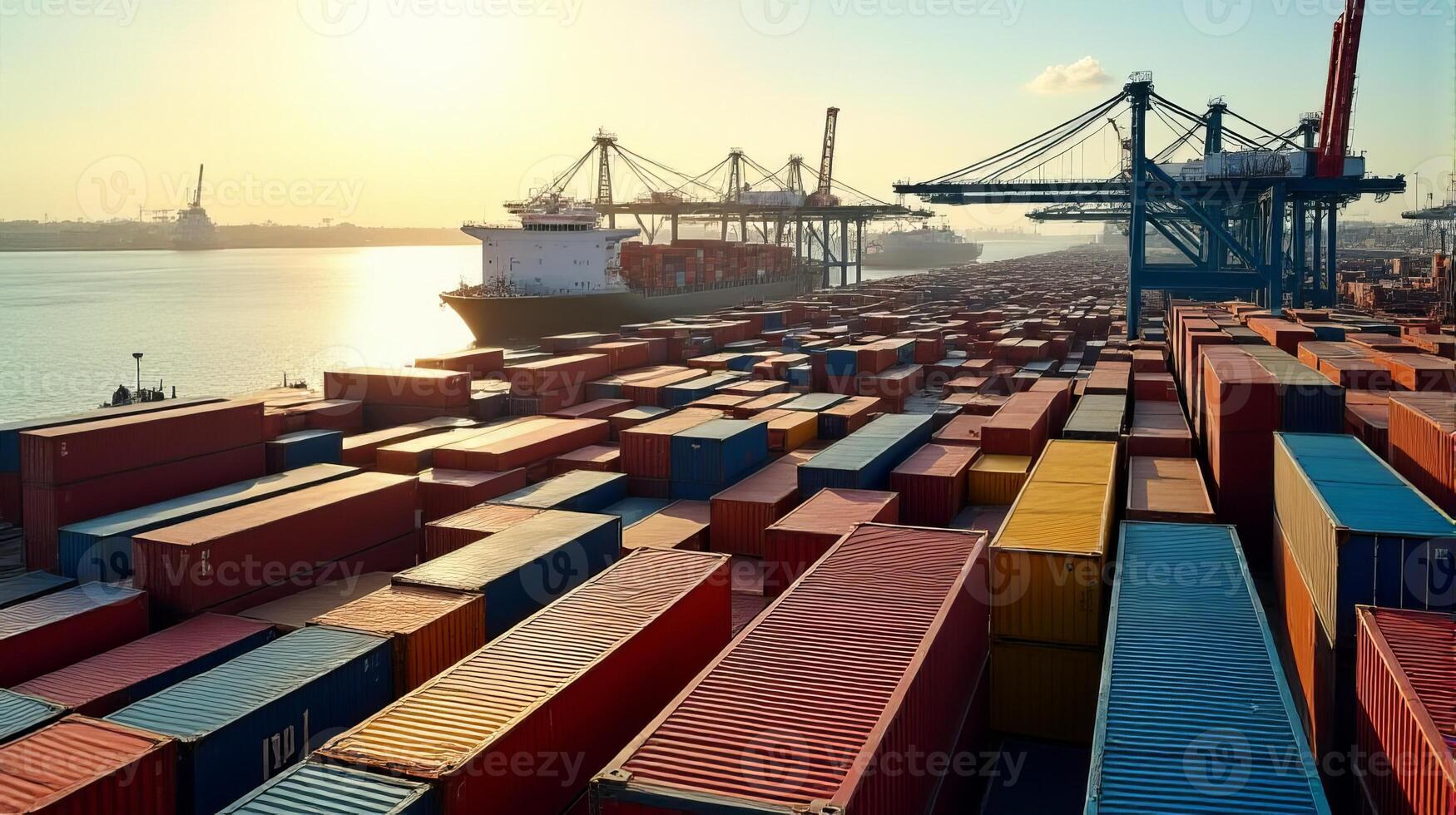 Bustling Industrial Port Featuring a Multitude of Colorful Stacked Containers photo