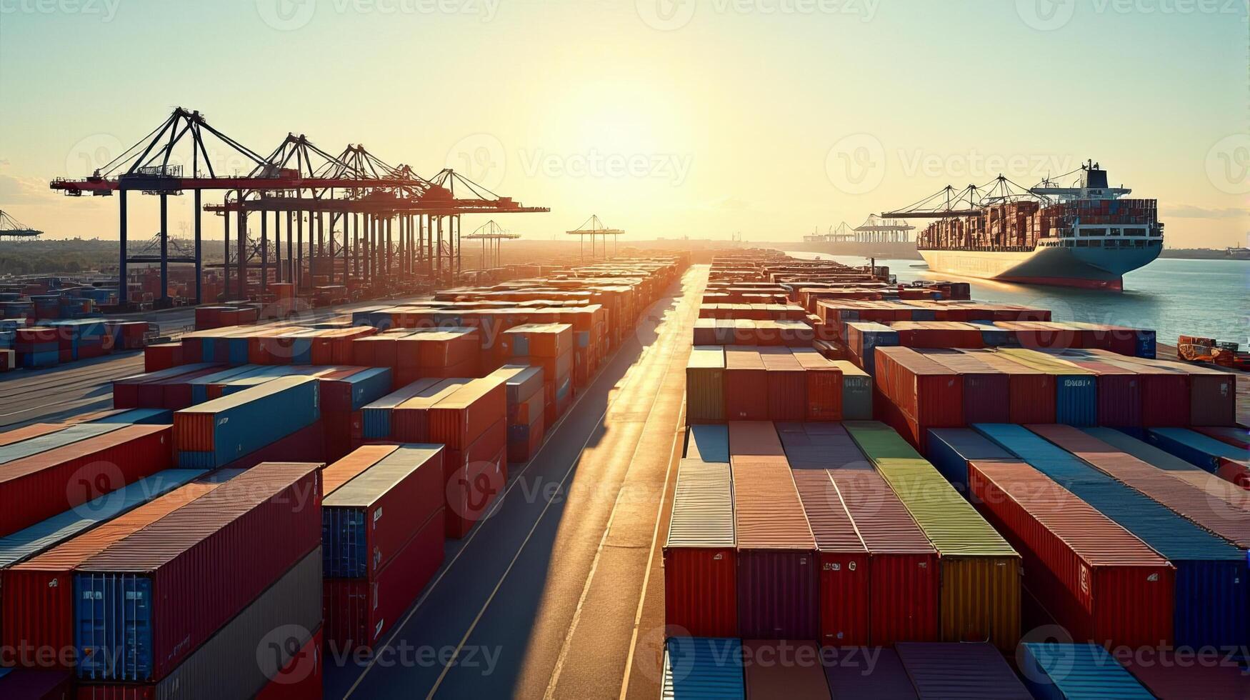 Bustling Industrial Port Featuring a Multitude of Colorful Stacked Containers photo