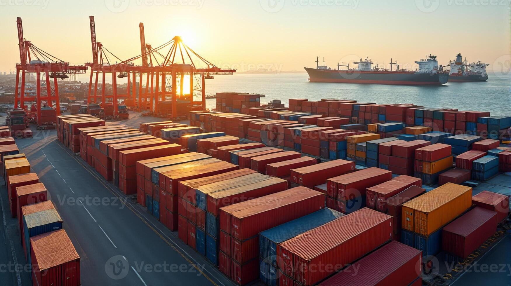 Bustling Industrial Port Featuring a Multitude of Colorful Stacked Containers photo