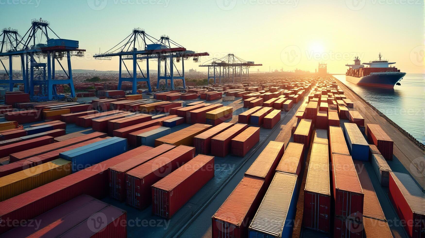 Bustling Industrial Port Featuring a Multitude of Colorful Stacked Containers photo