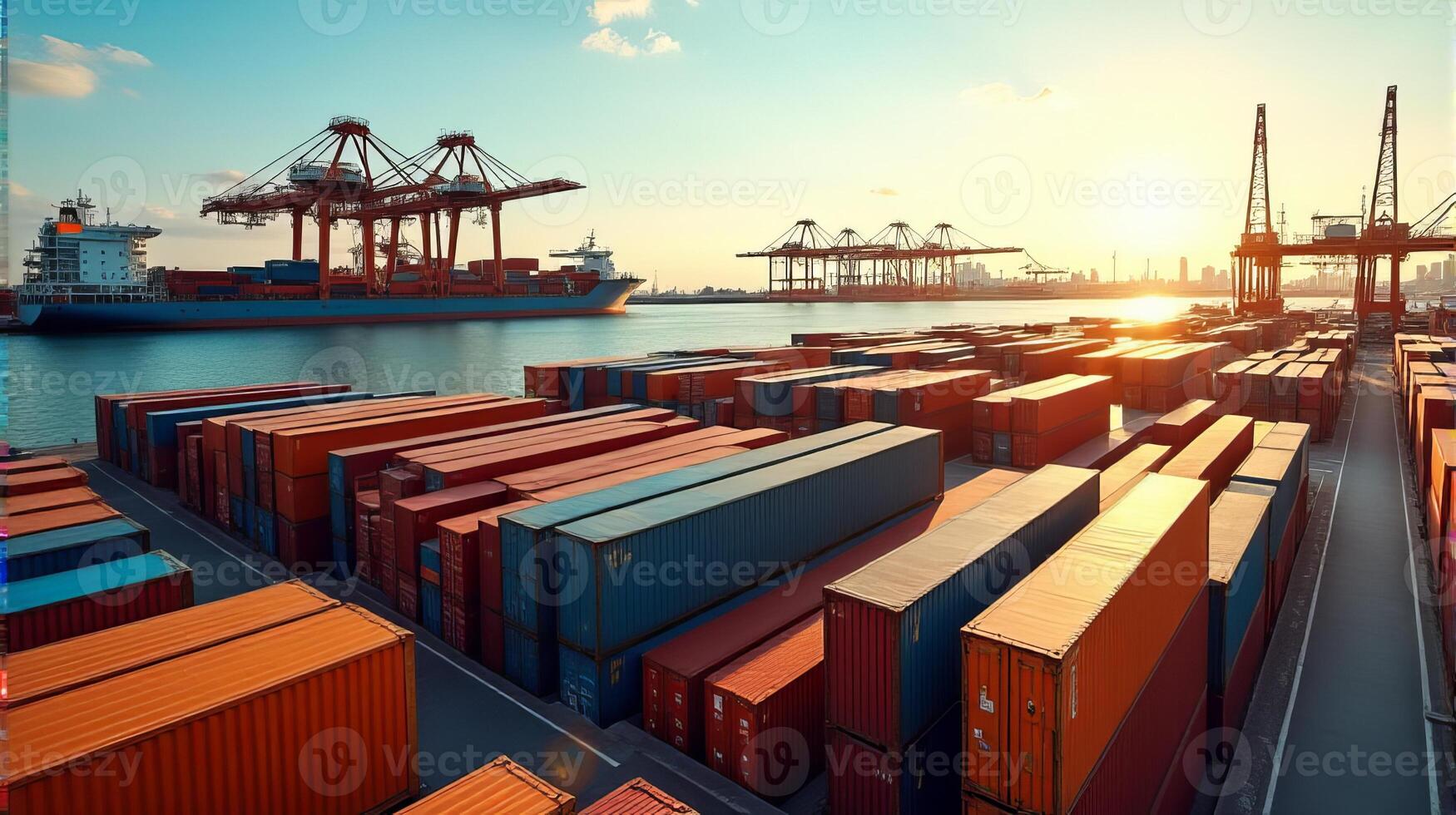 Bustling Industrial Port Featuring a Multitude of Colorful Stacked Containers photo