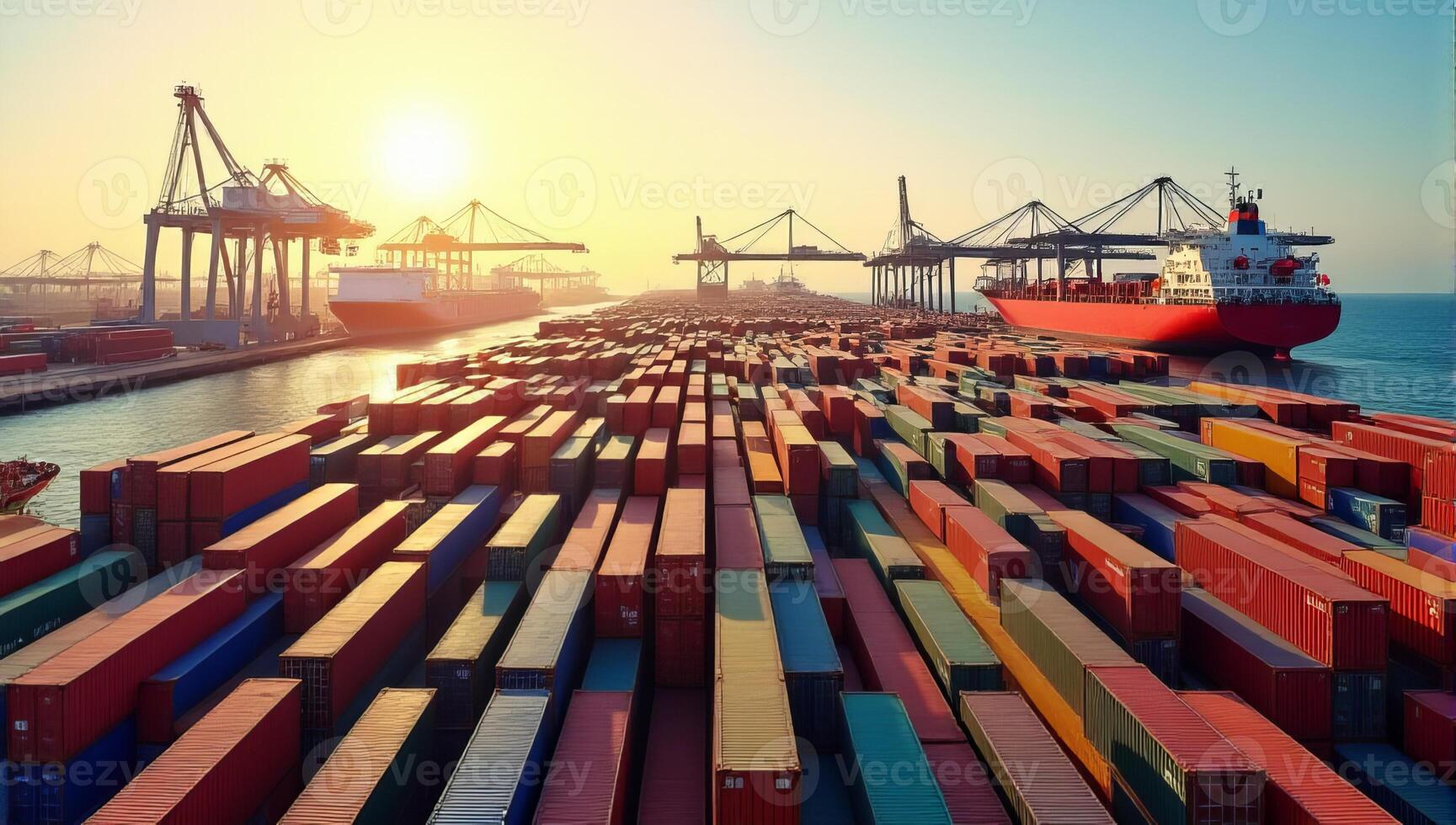 Bustling Industrial Port Featuring a Multitude of Colorful Stacked Containers photo