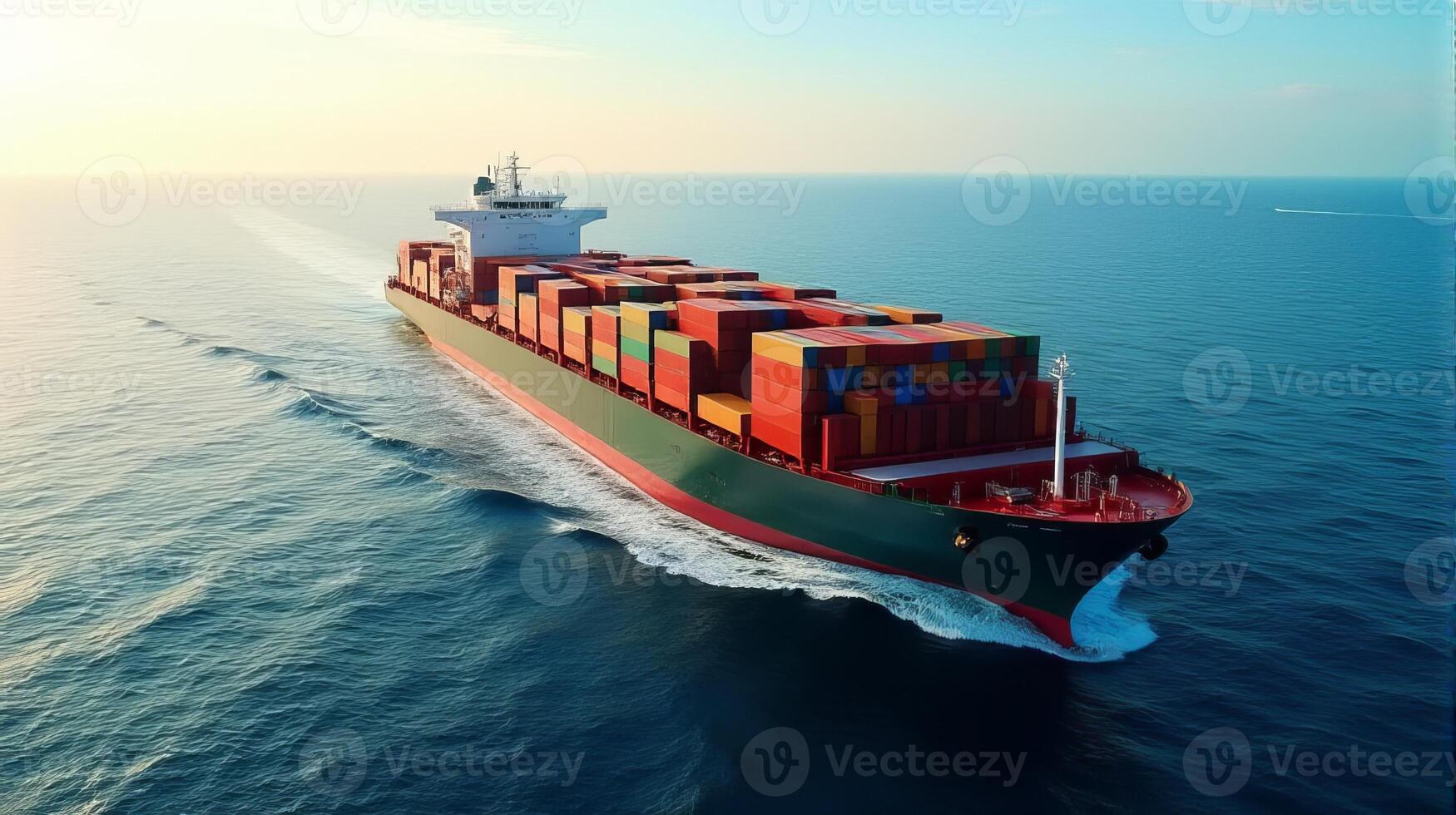 Large Cargo Ship Filled With Containers, Sailing Across a Deep Blue Ocean photo