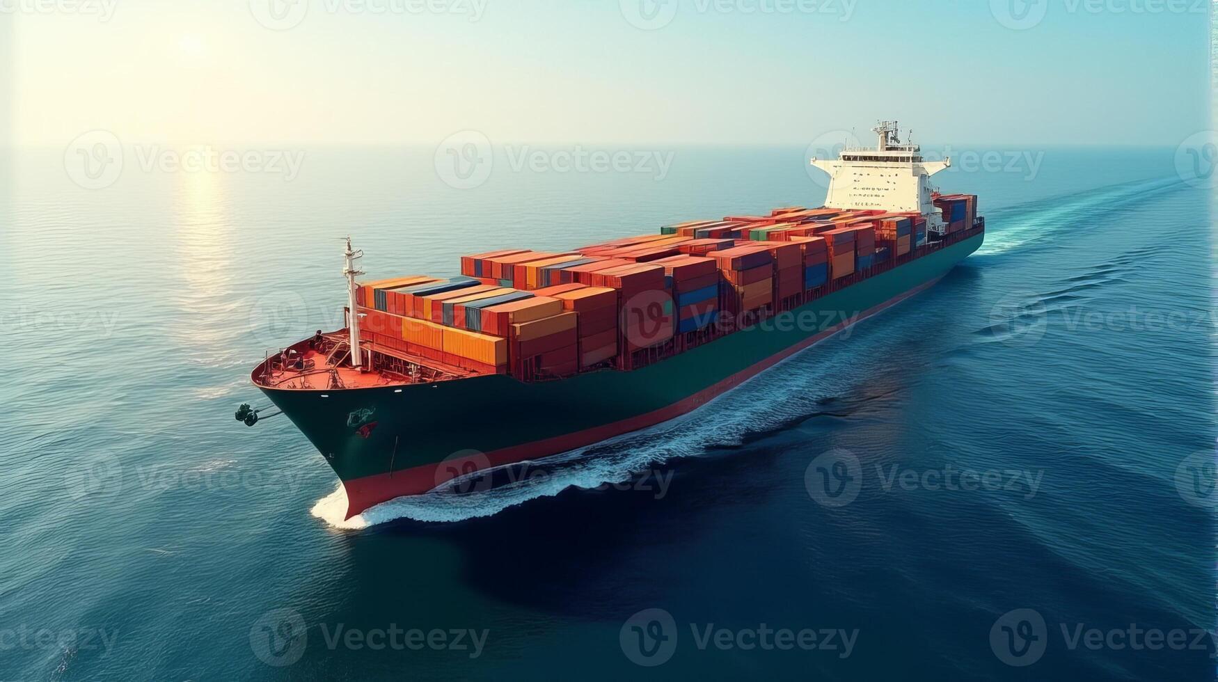 Large Cargo Ship Filled With Containers, Sailing Across a Deep Blue Ocean photo