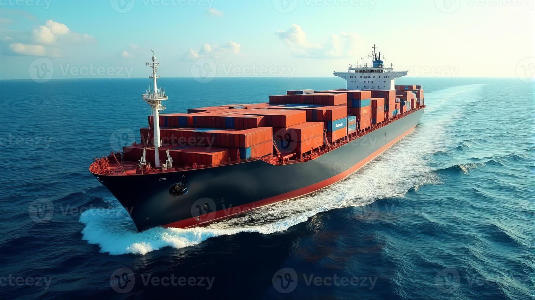 Large Cargo Ship Filled With Containers, Sailing Across a Deep Blue Ocean photo