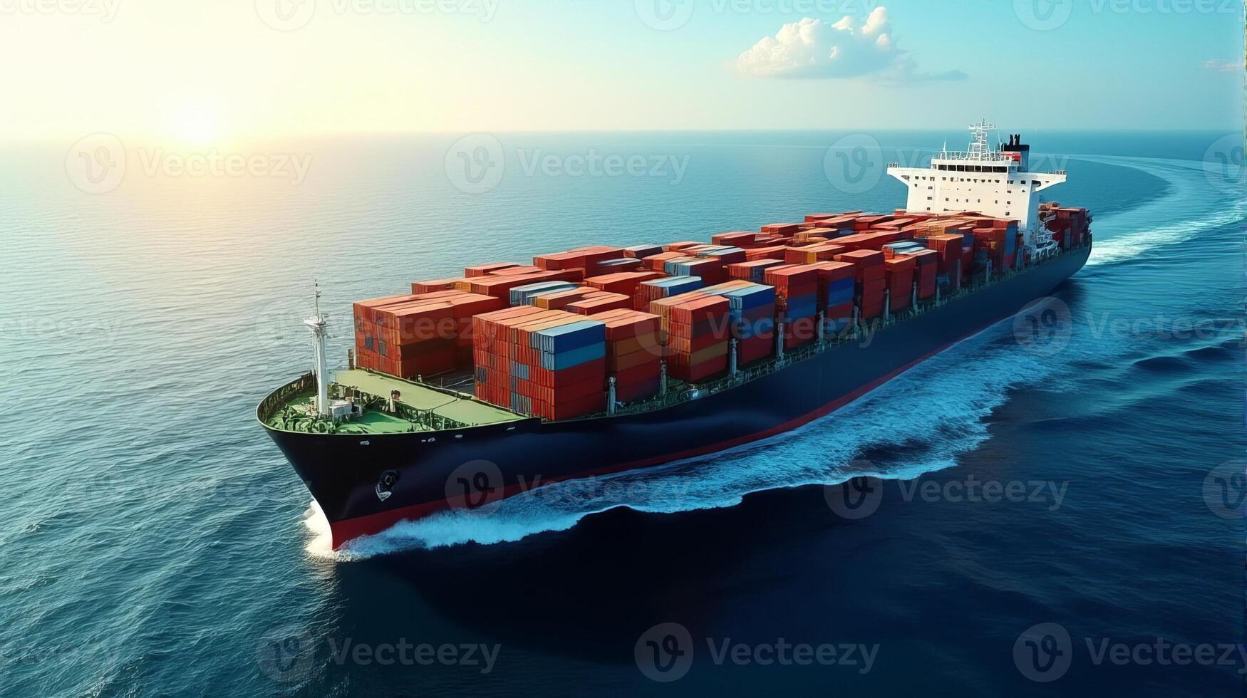 Large Cargo Ship Filled With Containers, Sailing Across a Deep Blue Ocean photo