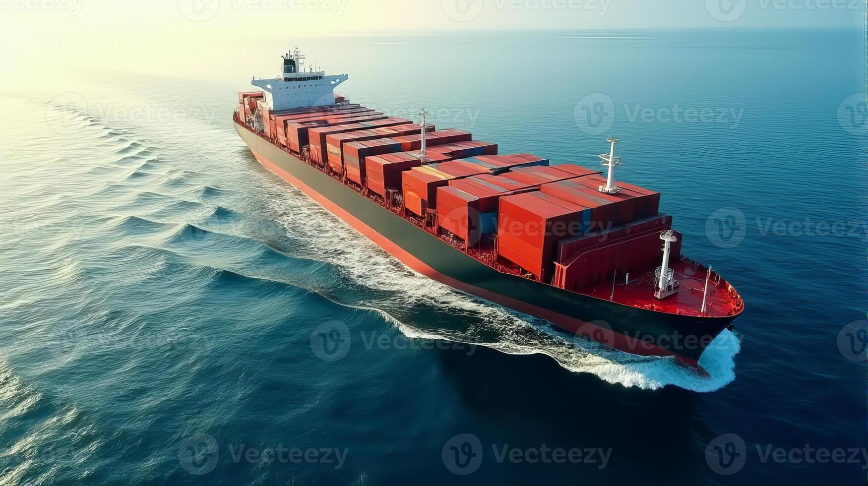 Large Cargo Ship Filled With Containers, Sailing Across a Deep Blue Ocean photo