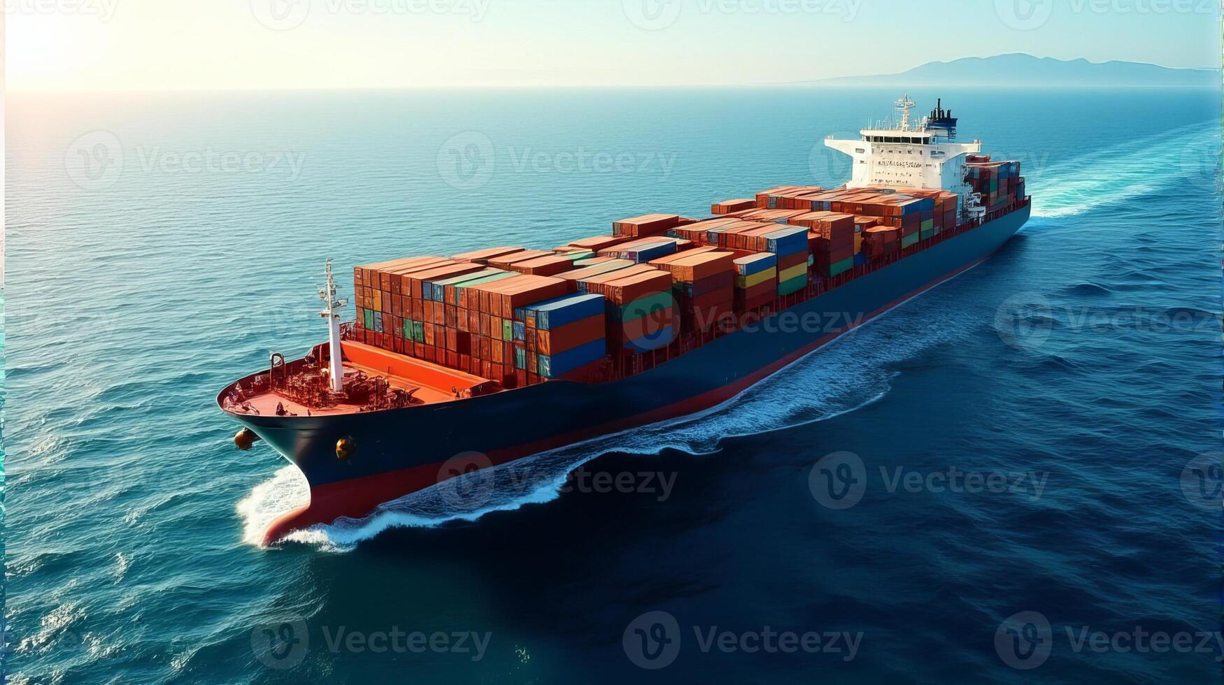Large Cargo Ship Filled With Containers, Sailing Across a Deep Blue Ocean photo