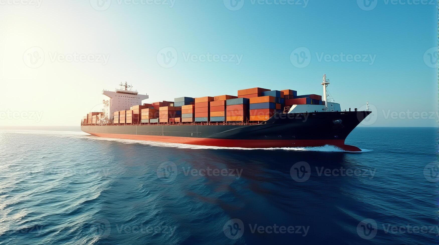 Large Cargo Ship Filled With Containers, Sailing Across a Deep Blue Ocean photo