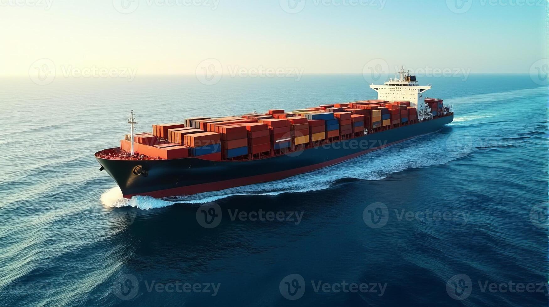 Large Cargo Ship Filled With Containers, Sailing Across a Deep Blue Ocean photo