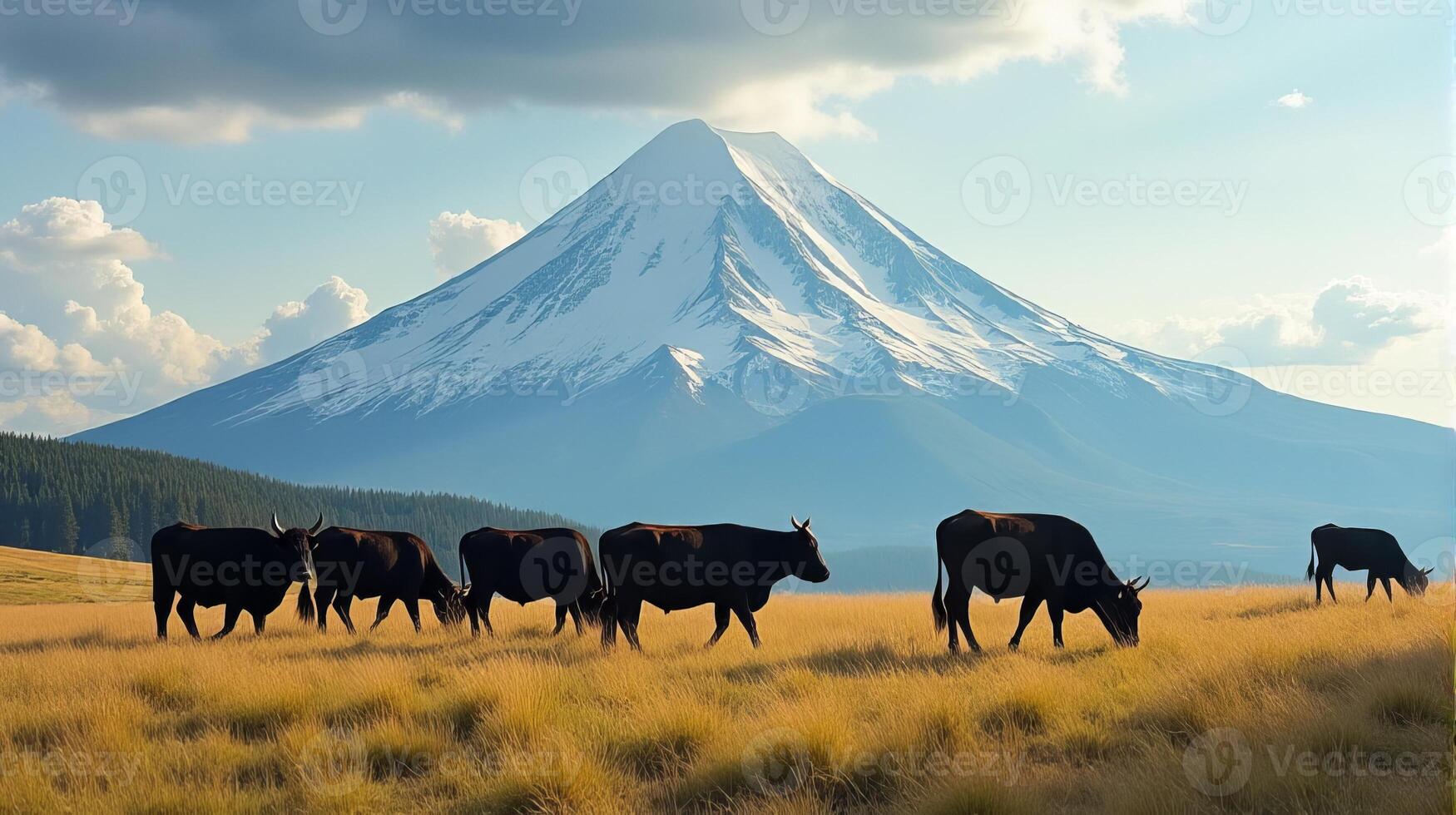 Serene Landscape Featuring a Majestic Snow-capped Mountain With Lush Greenery at Its Base. A Herd of Black Cattle Grazes Peacefully on the Grassland Under a Dynamic Sky with Scattered Clouds photo