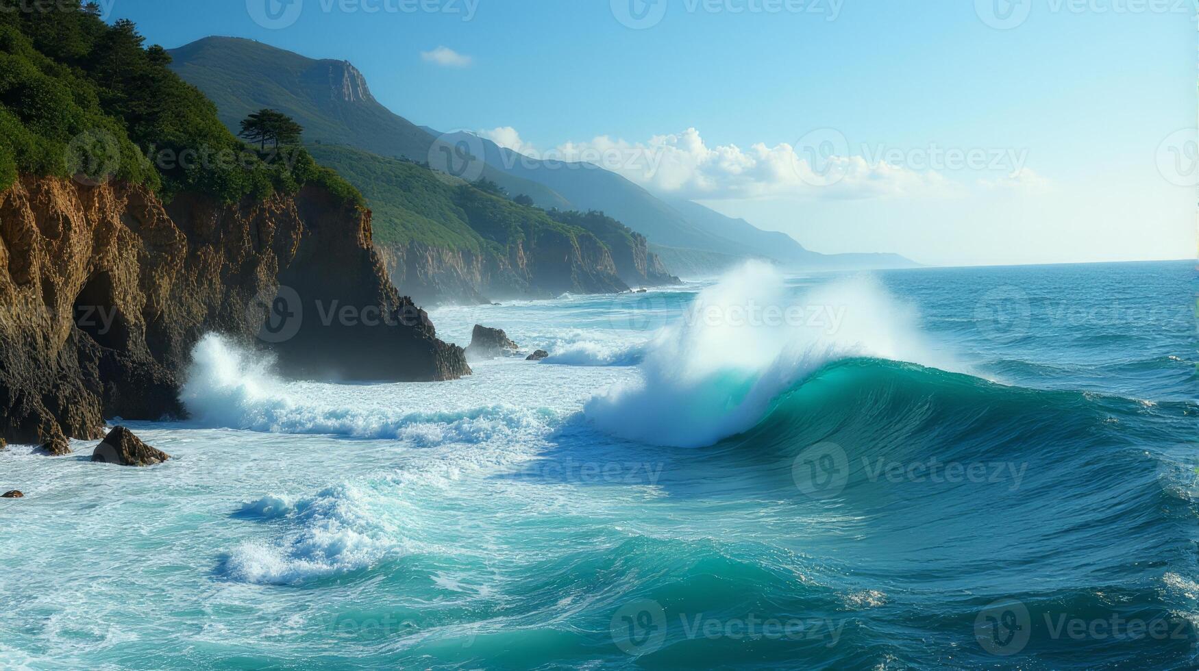 Powerful Waves of a Turquoise Sea Crash Against a Towering Cliff Lined with Lush Greenery Under a Clear Blue Sky photo