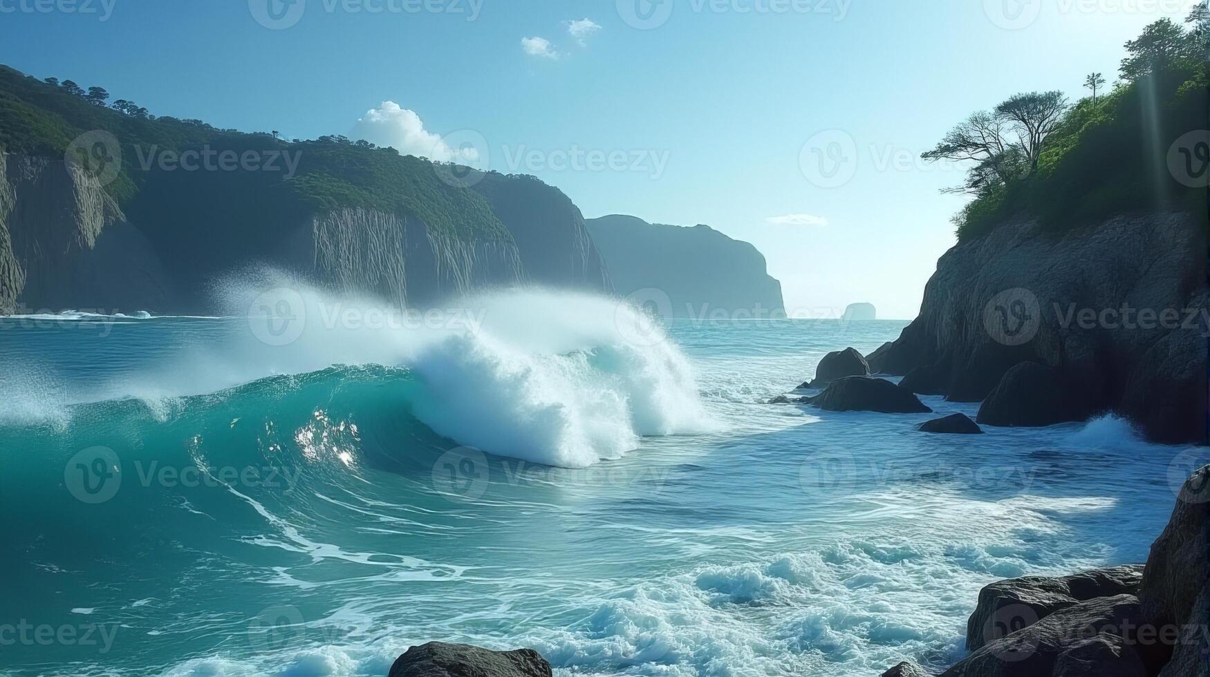 Powerful Waves of a Turquoise Sea Crash Against a Towering Cliff Lined with Lush Greenery Under a Clear Blue Sky photo