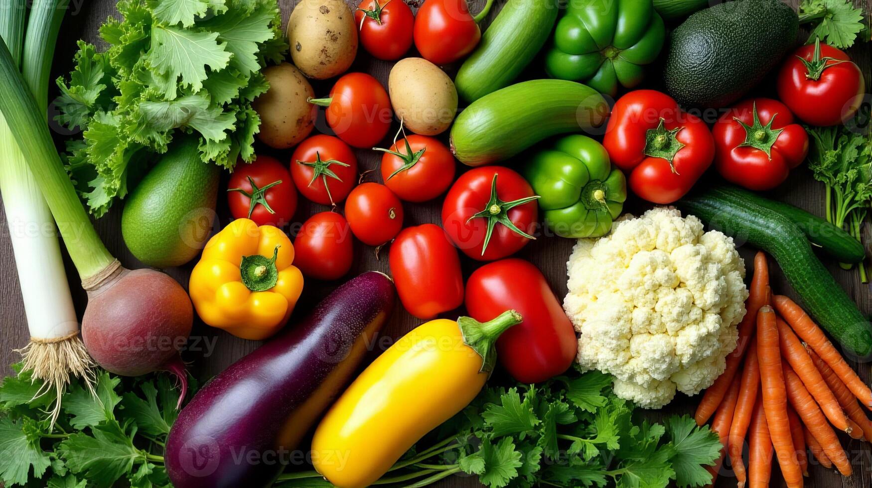 Vibrant and Diverse Array of Fresh Vegetables, Including Green Leeks, Ripe Avocados, Earthy Potatoes, Bright Bell Peppers, Crisp Cucumbers, Leafy Greens, Succulent Tomatoes and Other Vegetables photo