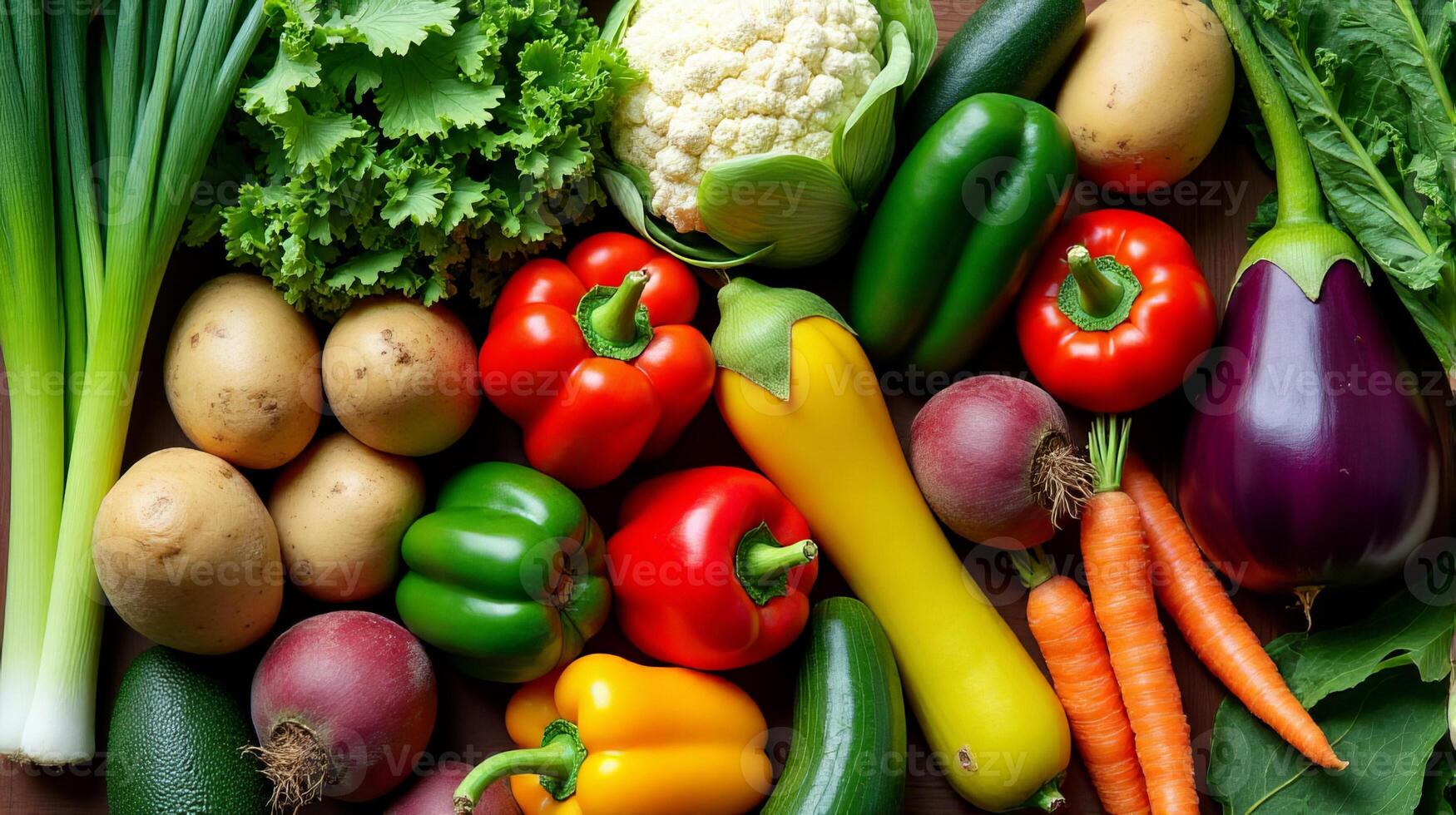 Vibrant and Diverse Array of Fresh Vegetables, Including Green Leeks, Ripe Avocados, Earthy Potatoes, Bright Bell Peppers, Crisp Cucumbers, Leafy Greens, Succulent Tomatoes and Other Vegetables photo